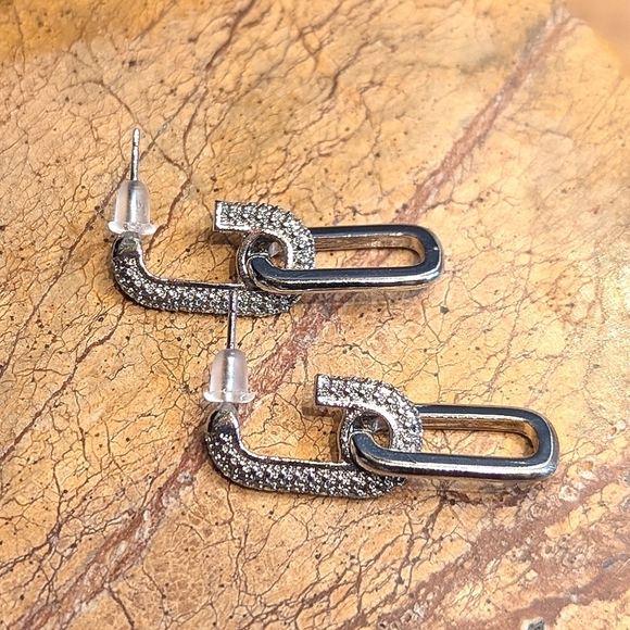 Silver Double Loop Rhinestone Crystal Drop Dangle Stud Earrings Quiet Luxury - Picture 2 of 3